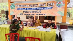"Babinsa Sidomojo Krian Dampingi Penyerahan BLT DD Tahap Ke-4 Tahun 2023 di Desa Sidomojo, Kecamatan Krian"